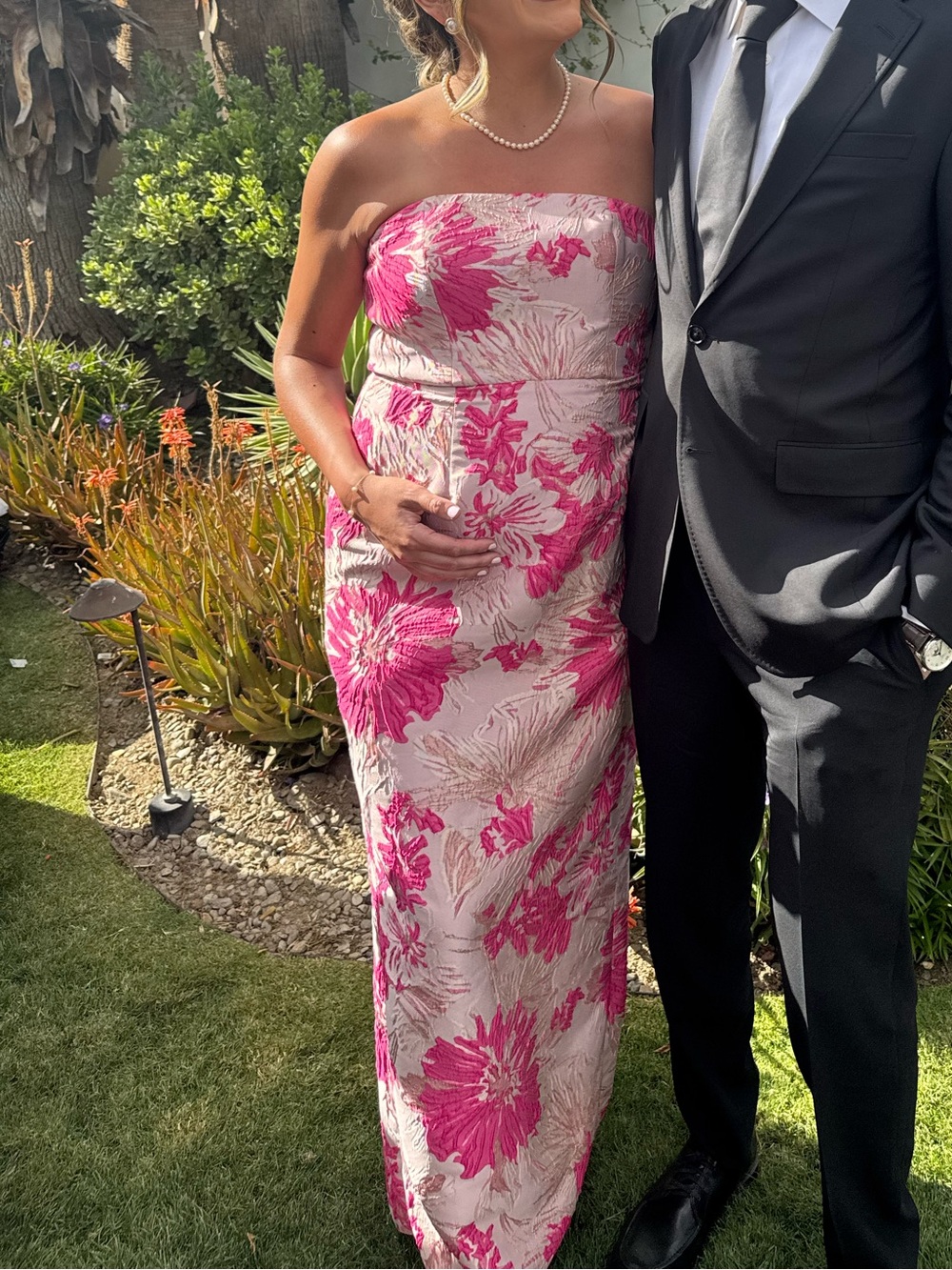 Dessy Group HIBISCUS PINK STRAPLESS FLORAL JACQUARD COLUMN DRESS WITH BACK SLIT